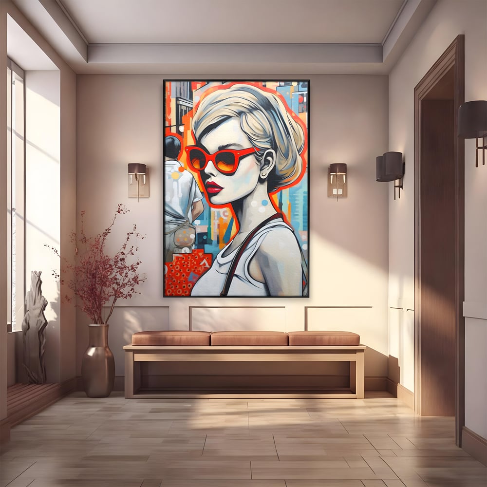 Tablou canvas cu tablou canvas cu portret stilizat de femeie, in rama de aluminiu negru